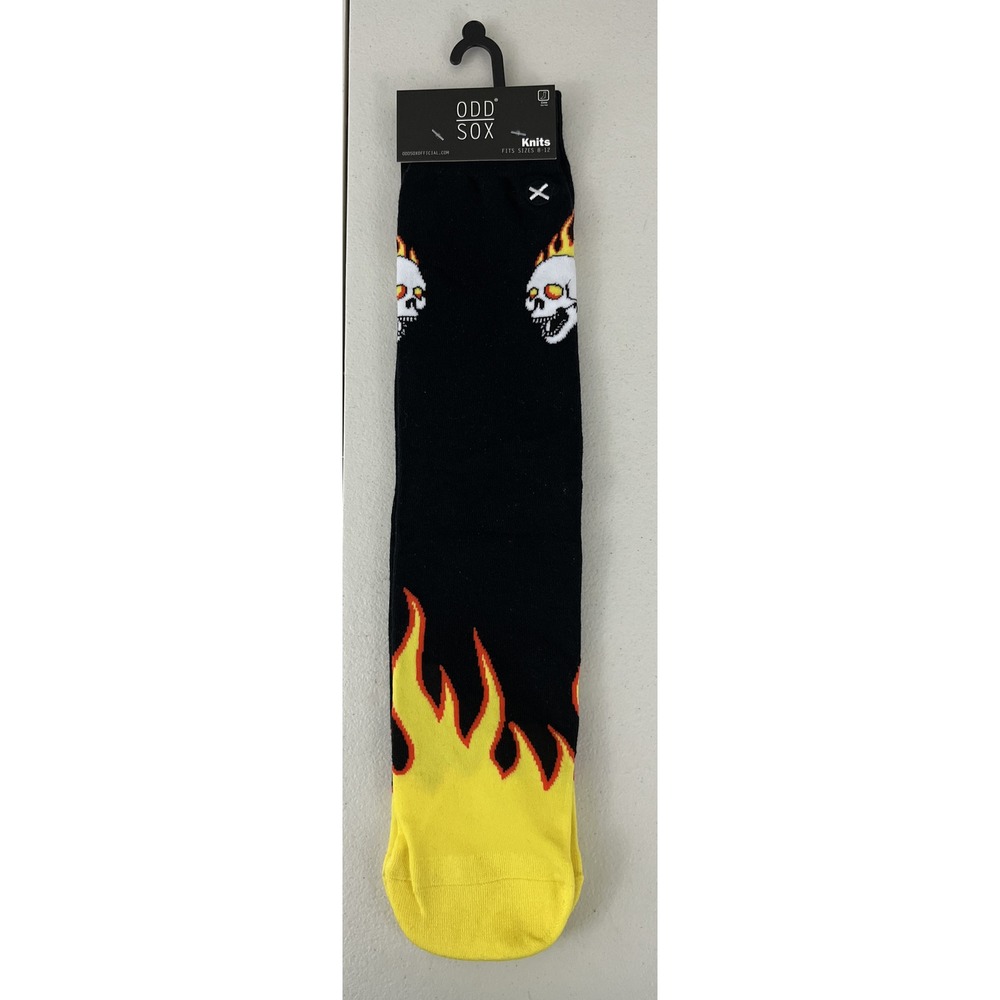 Odd Sox Hot Head Flames Graphic Crew Socks Mens Size 8-12 Black Yellow New